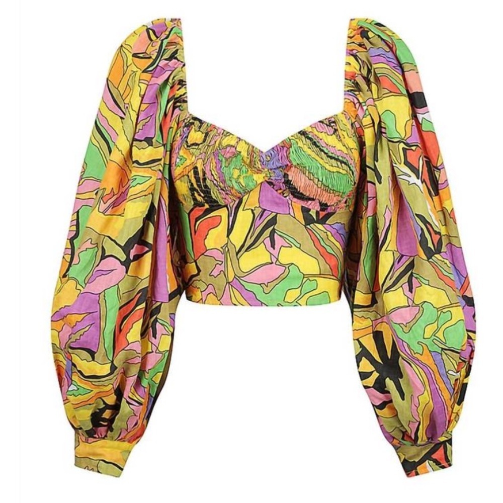 S/W/F women's exaggerated puff sleeve top in birds of paradise
